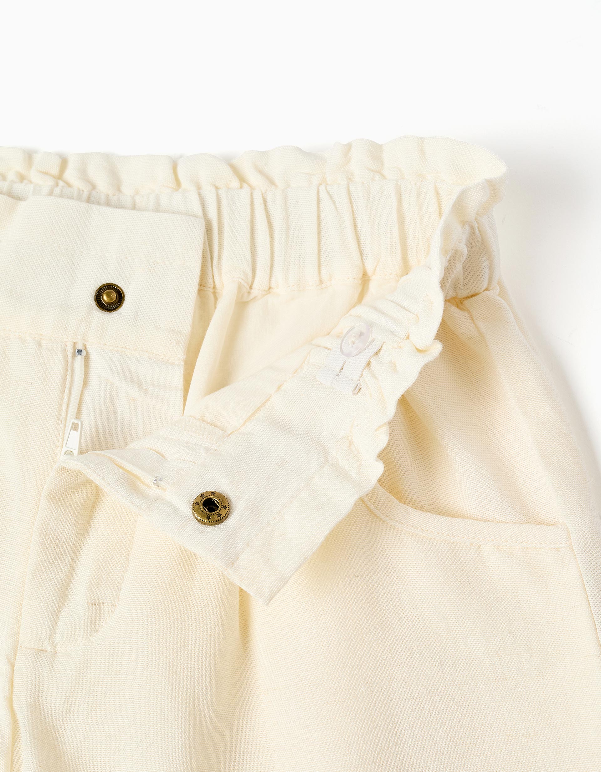 Shorts in cotton and linen with paperbag waist for girls, light beige