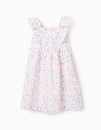 Poplin dress with floral motif and ruffles for girls, white