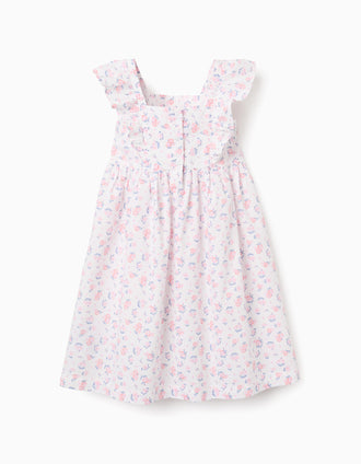 Poplin dress with floral motif and ruffles for girls, white