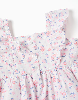 Poplin dress with floral motif and ruffles for girls, white