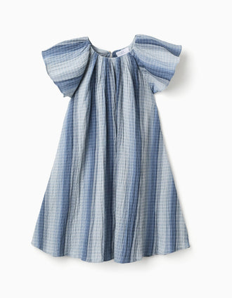 Vestido de algodão evasé com mangas borboleta para menina, azul