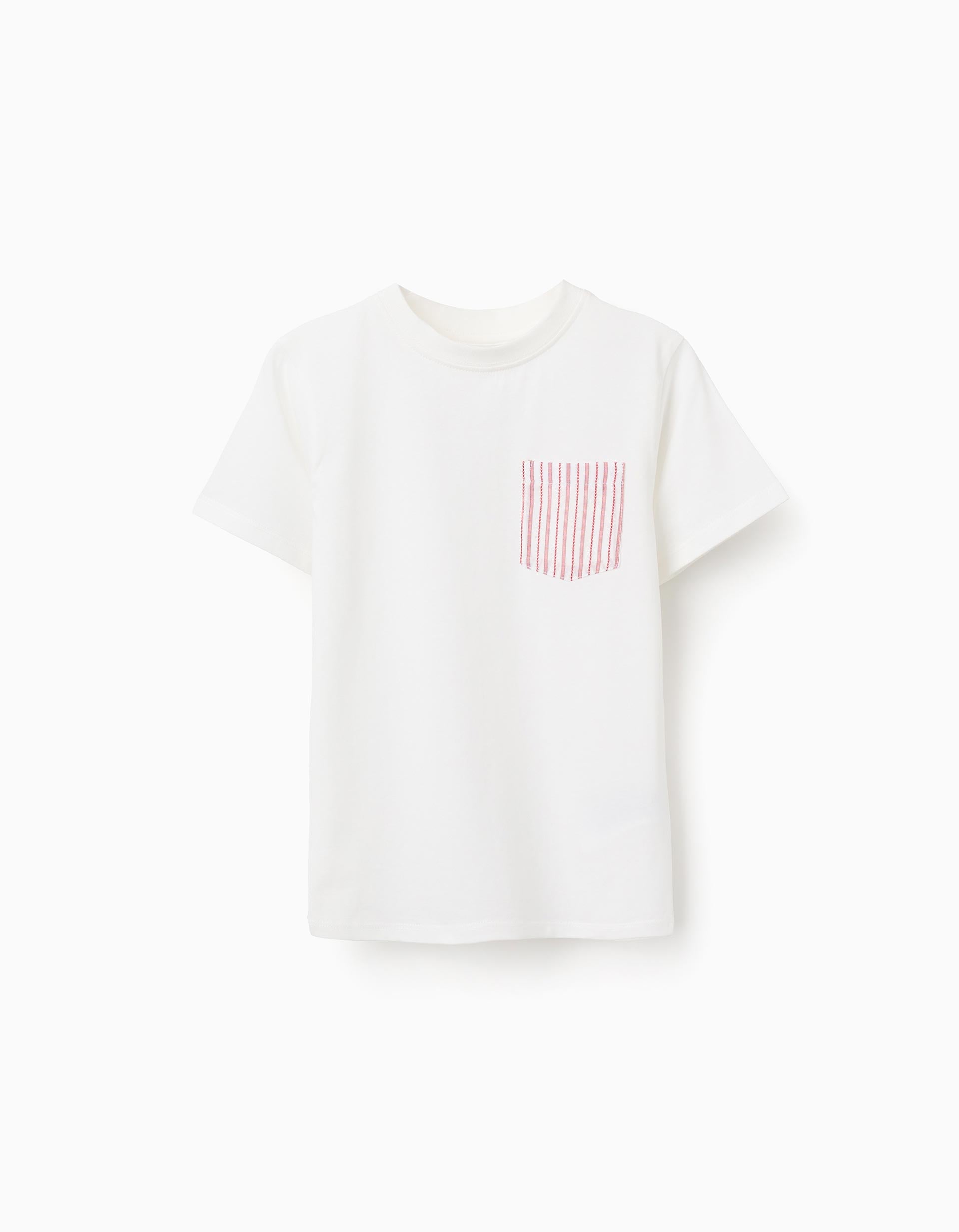 T-shirt en coton avec poche poitrine pour garçon, blanc/rouge