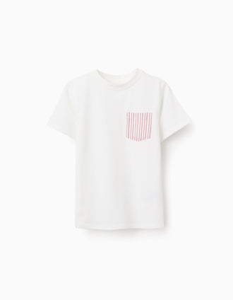Cotton T-shirt with striped chest pocket for boys, white/red