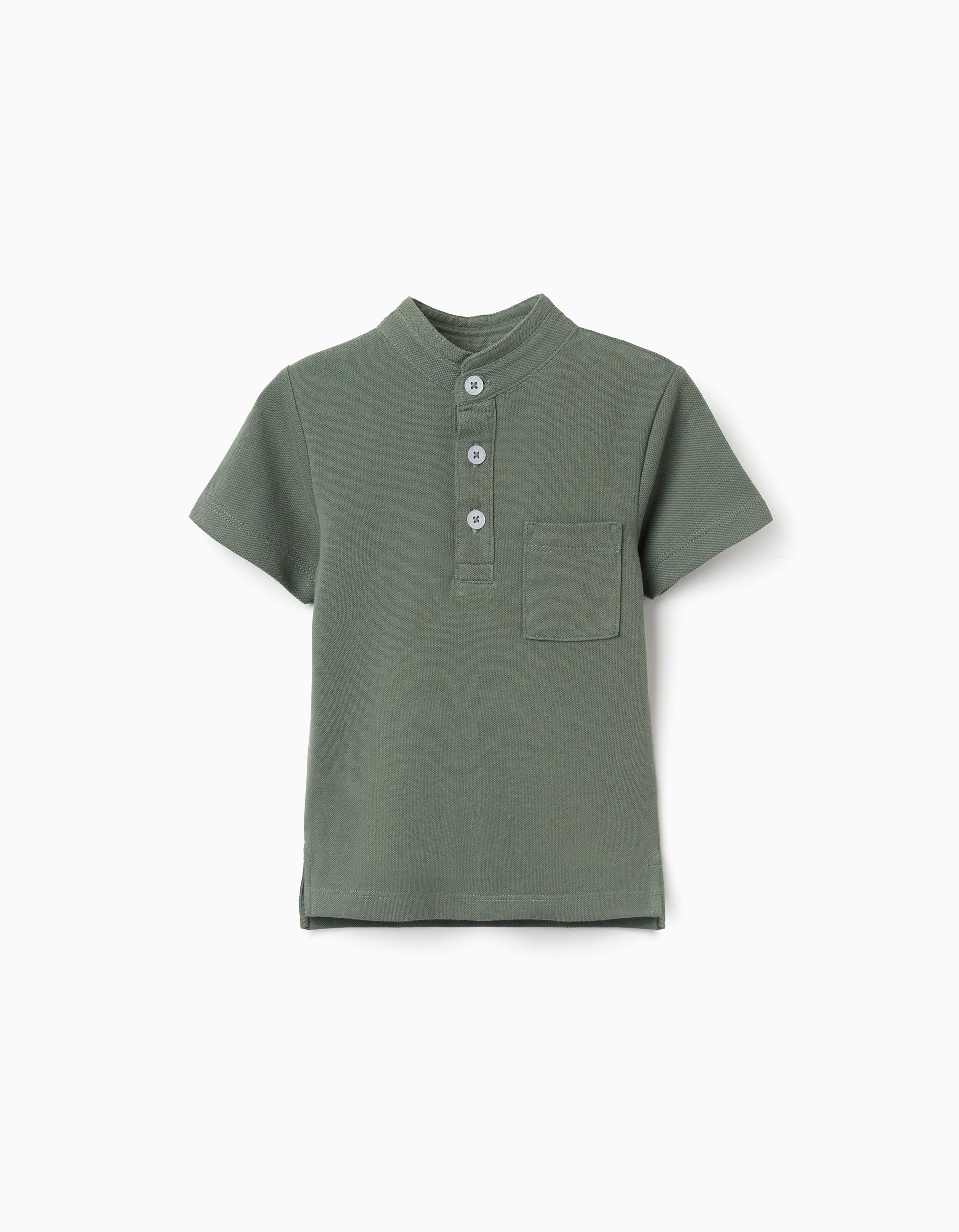 Polo de algodão com gola mao e bolso para bebé menino, verde-escuro