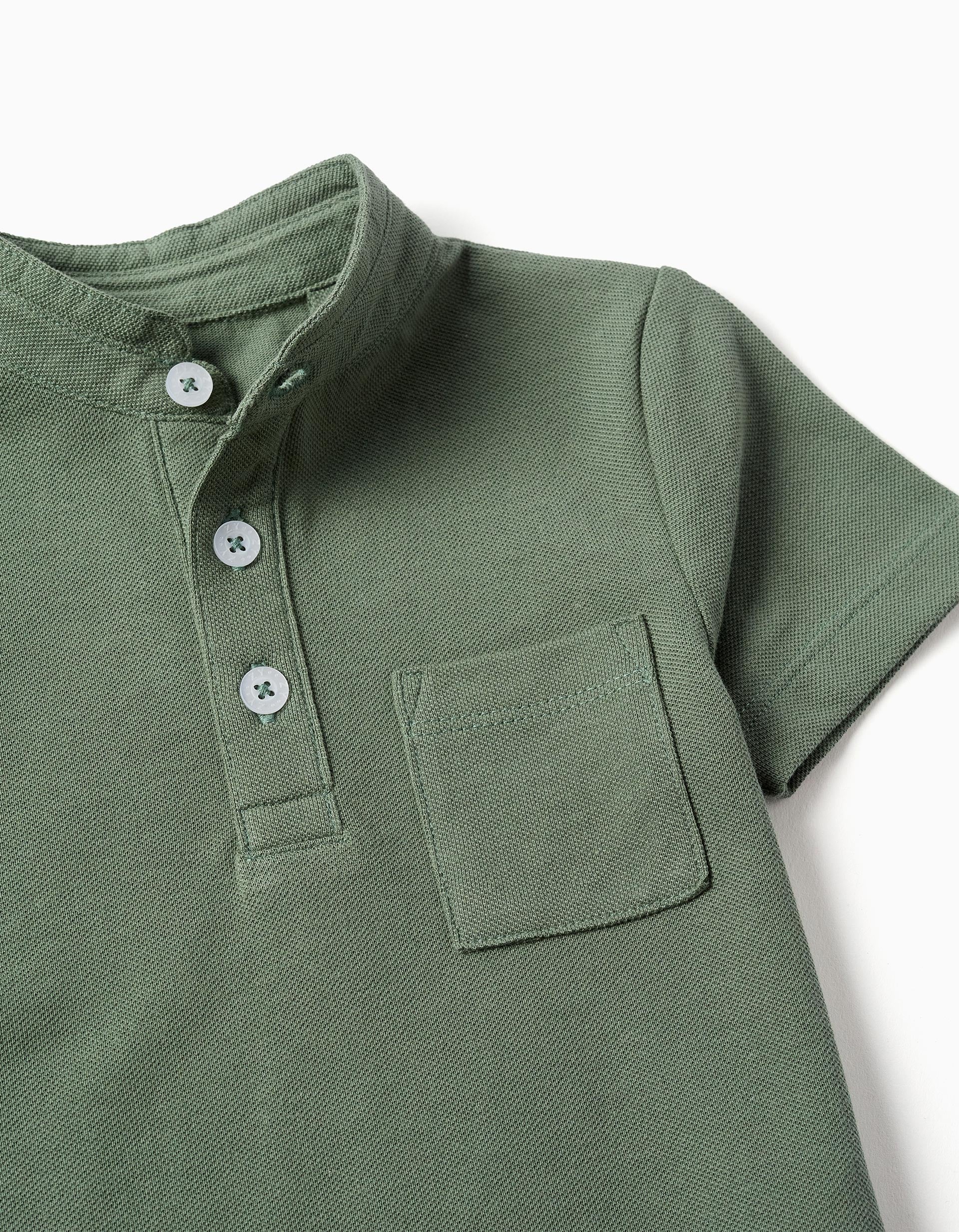 Polo de algodão com gola mao e bolso para bebé menino, verde-escuro