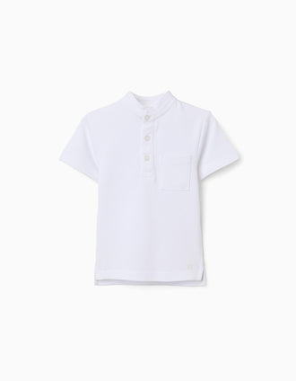 Polo de algodão com gola mao e bolso para bebé menino, branco