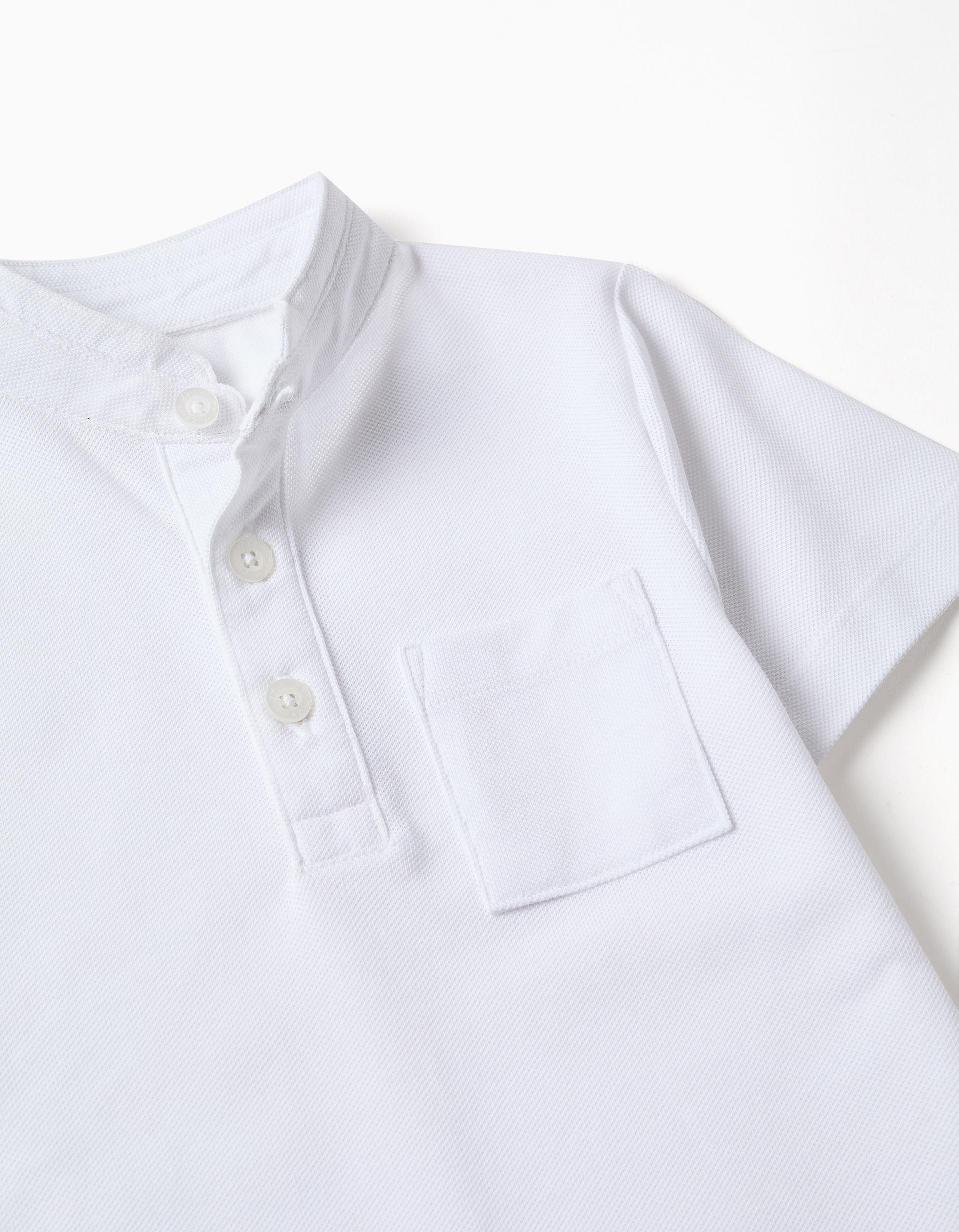 Polo de algodão com gola mao e bolso para bebé menino, branco