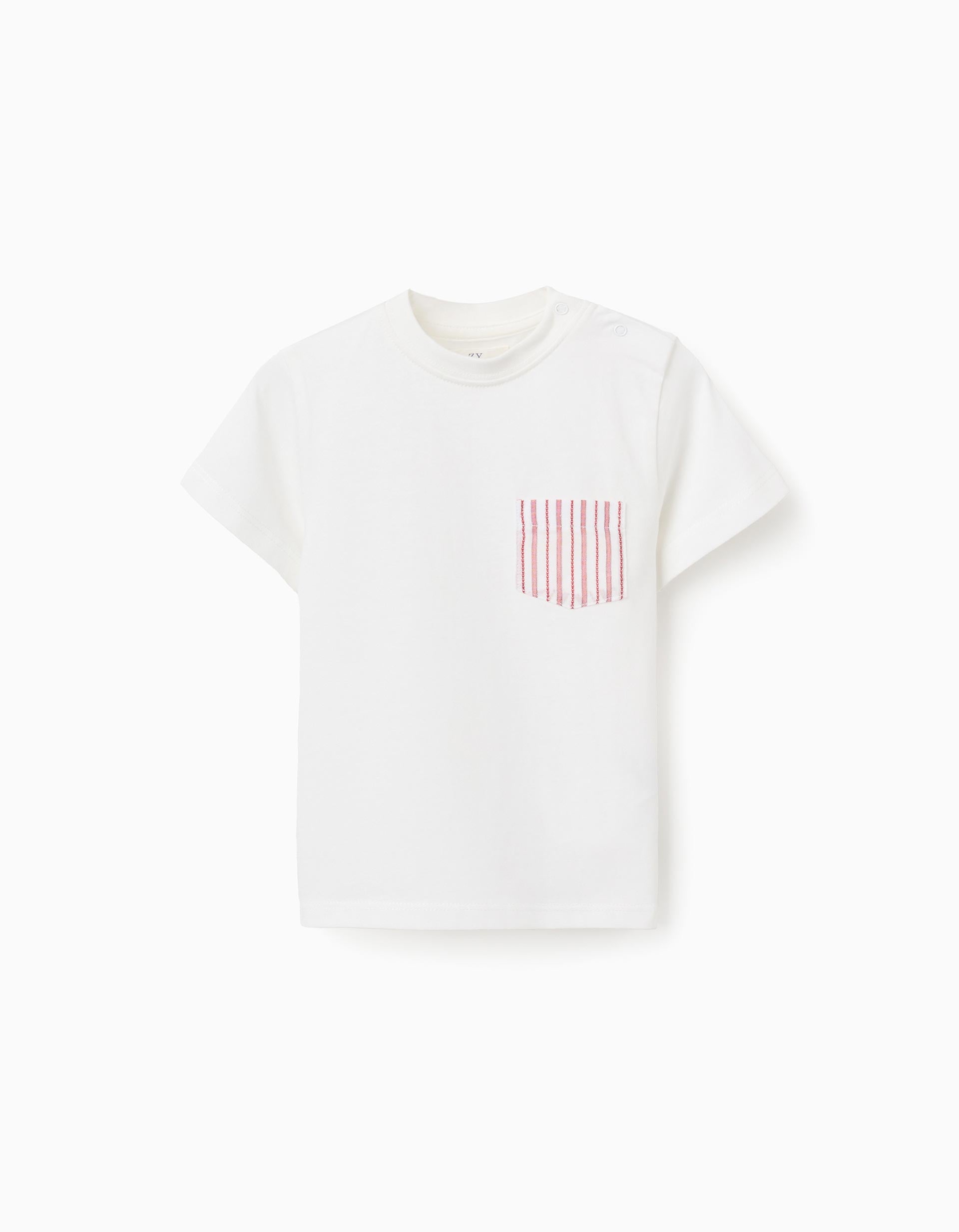 Cotton T-shirt with striped chest pocket for baby boys, white/red
