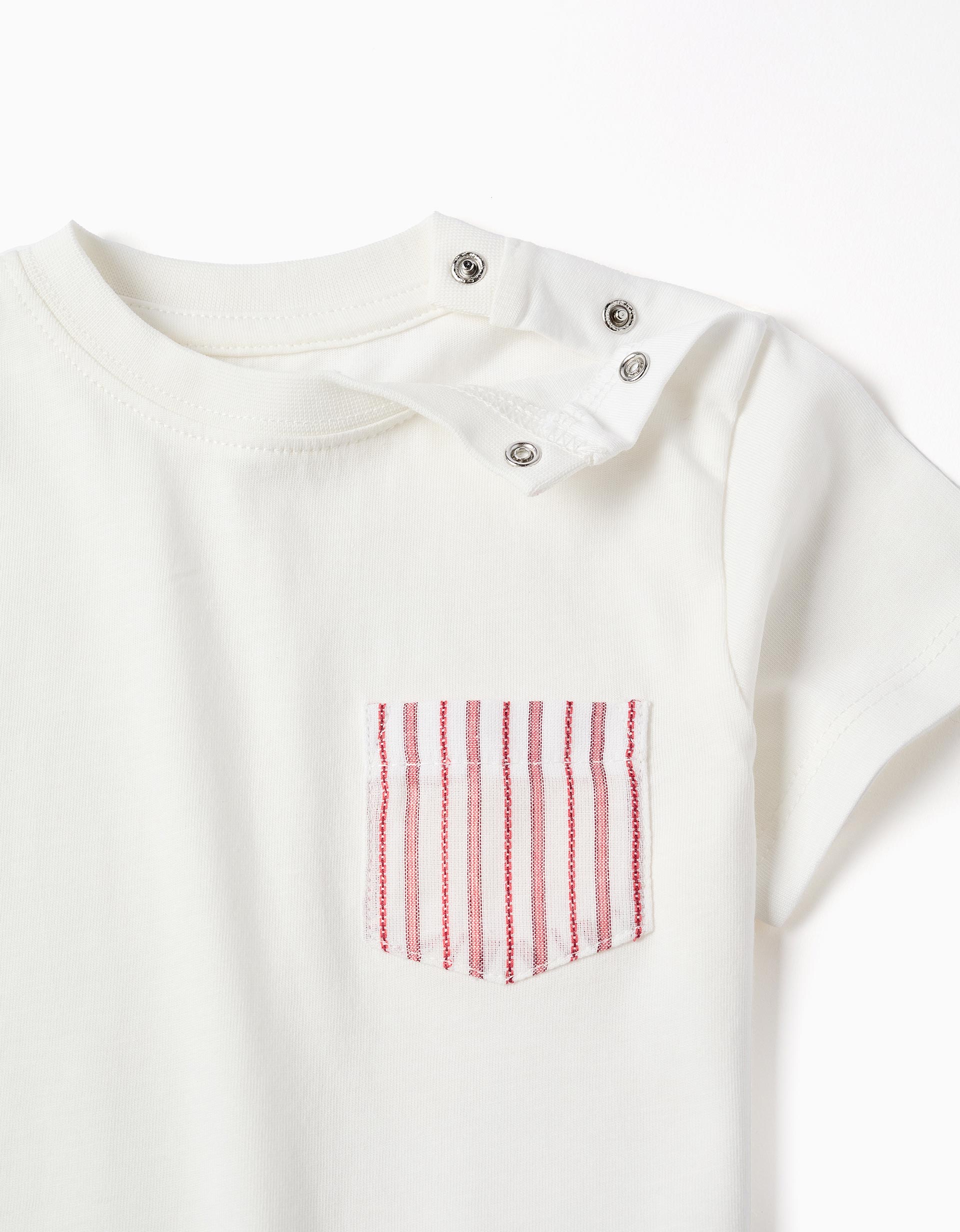 Cotton T-shirt with striped chest pocket for baby boys, white/red