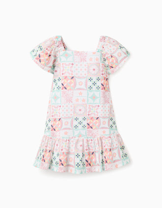 Cotton dress with a tile pattern for baby girls, multicolour