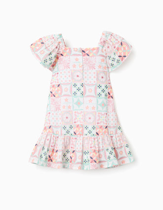 Cotton dress with a tile pattern for baby girls, multicolour