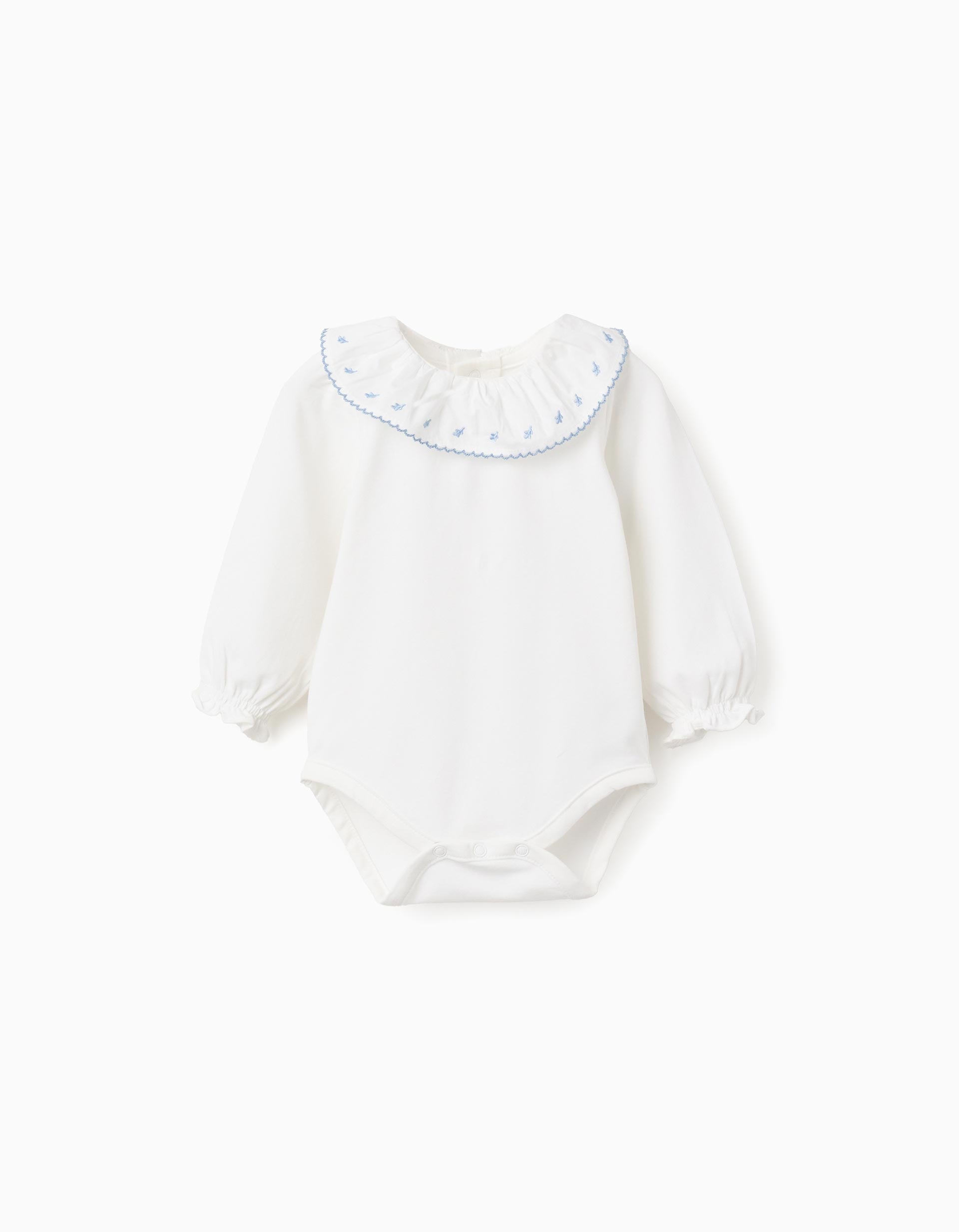Pelele de manga larga con cuello bordado para recién nacida, blanco/azul