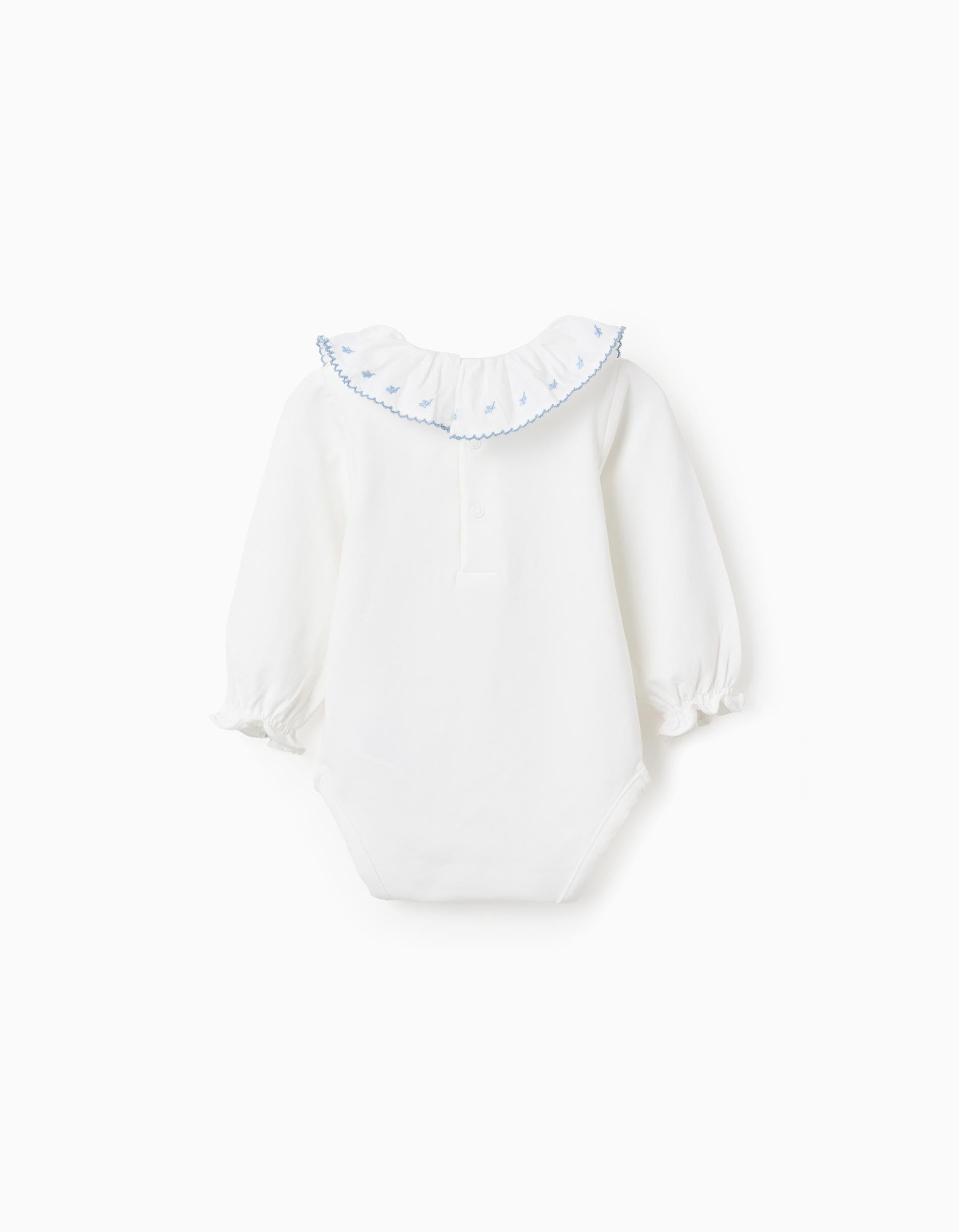 Pelele de manga larga con cuello bordado para recién nacida, blanco/azul
