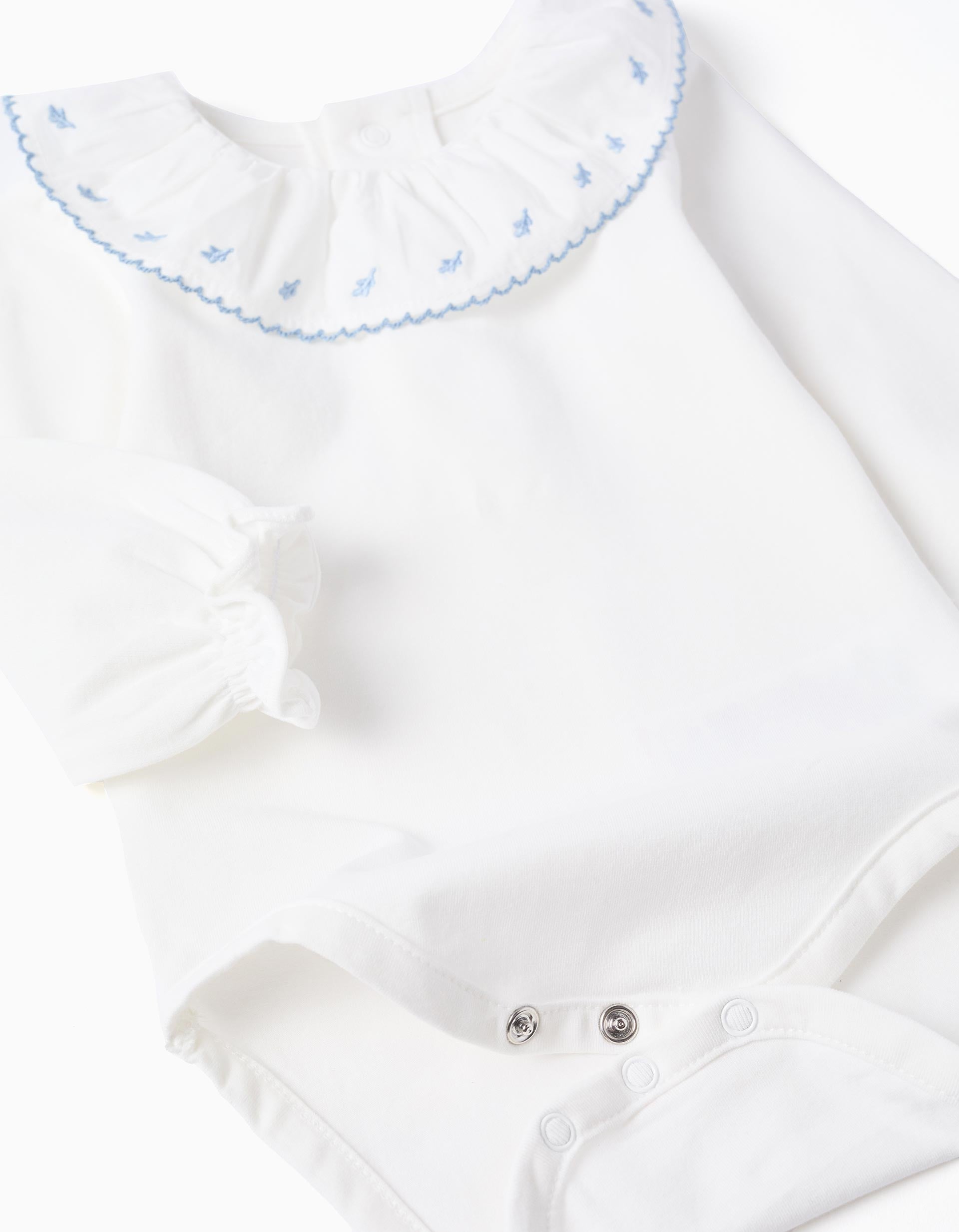 Pelele de manga larga con cuello bordado para recién nacida, blanco/azul