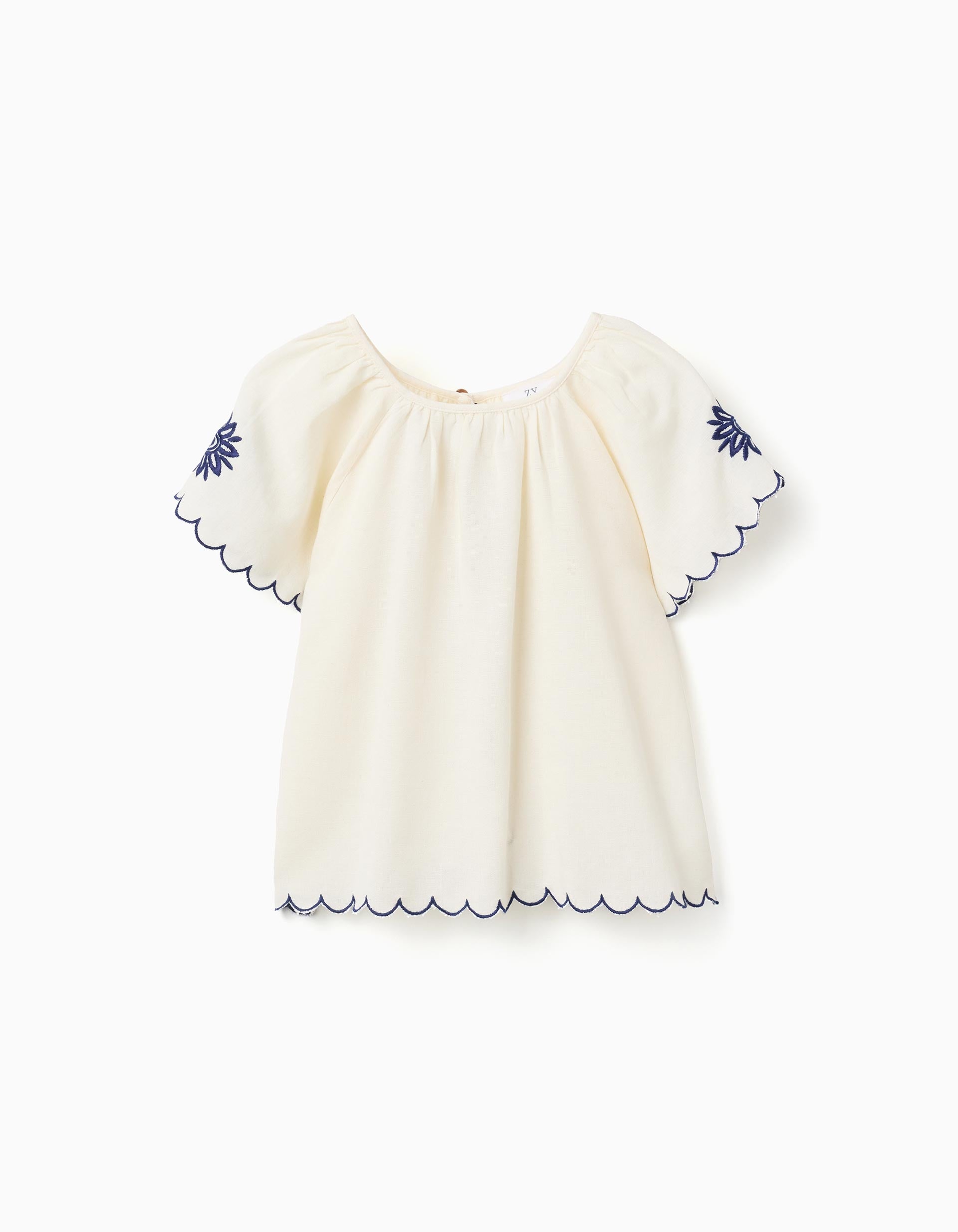 Blouse en coton et lin avec fleurs pour fille, beige clair/bleu
