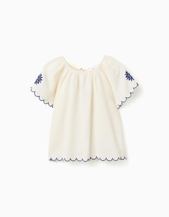 Blouse en coton et lin avec fleurs pour fille, beige clair/bleu
