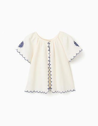 Blouse en coton et lin avec fleurs pour fille, beige clair/bleu