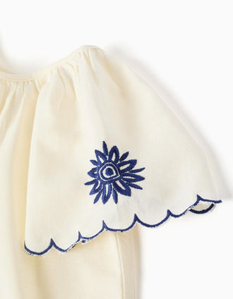 Blouse en coton et lin avec fleurs pour fille, beige clair/bleu