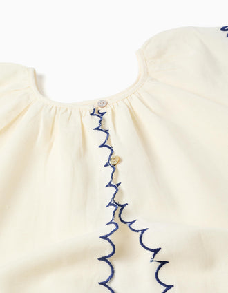Blouse en coton et lin avec fleurs pour fille, beige clair/bleu