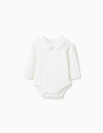 Long sleeve bodysuit with leaf motif for newborn girls, white/blue