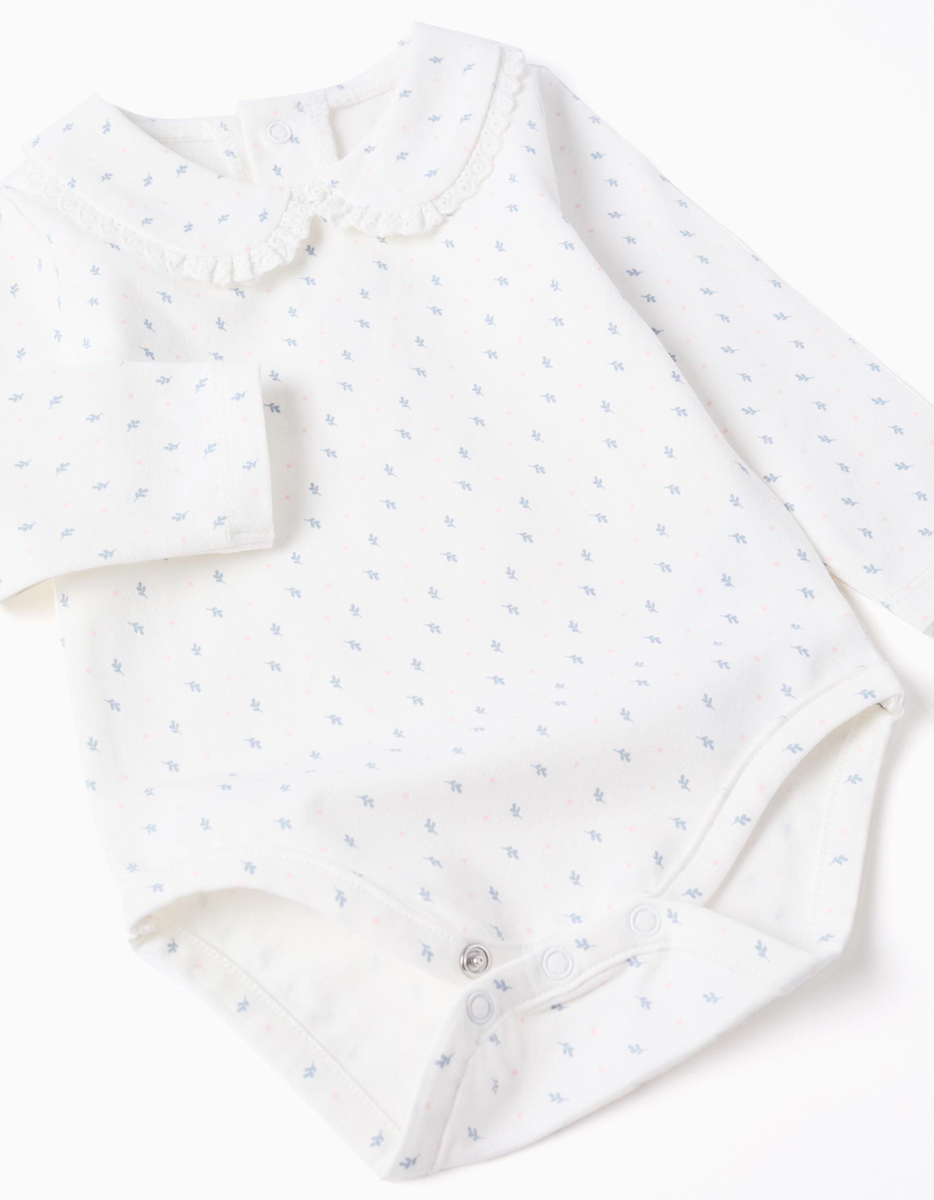 Body de manga larga con motivo de hojas para recién nacida, blanco/azul