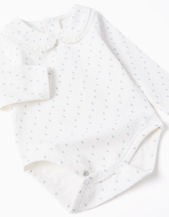 Long sleeve bodysuit with leaf motif for newborn girls, white/blue