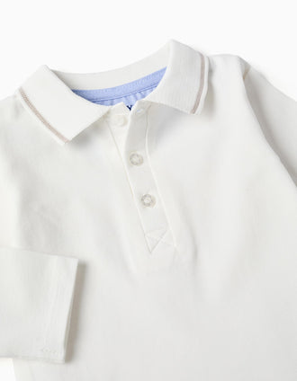 Long sleeve polo-bodysuit with stripes for newborn boys, white/beige
