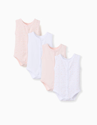 4 bodies de algodão sem mangas para recém-nascida e bebé, branco/rosa