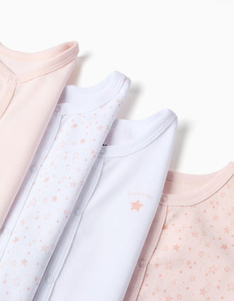 4 bodies de algodão sem mangas para recém-nascida e bebé, branco/rosa