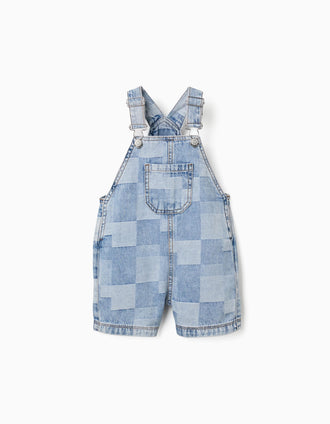 Short denim dungarees with checkered pattern for baby boys, blue