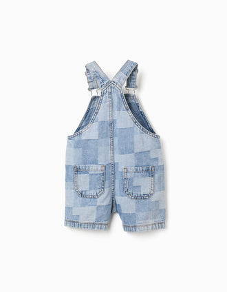 Short denim dungarees with checkered pattern for baby boys, blue