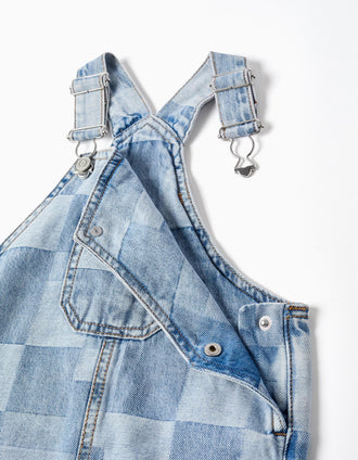 Short denim dungarees with checkered pattern for baby boys, blue