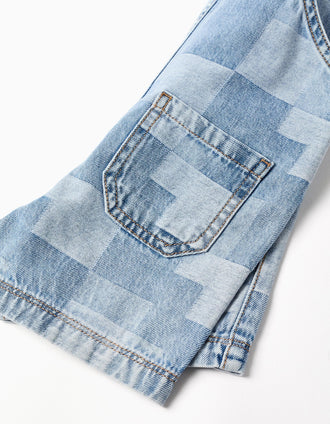 Short denim dungarees with checkered pattern for baby boys, blue