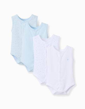 4 bodies de algodão sem mangas para recém-nascido e bebé, branco/azul