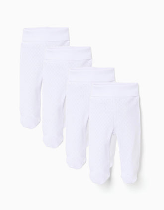 Pack 4 calças com pés cardadas para recém-nascidos e bebés, branco