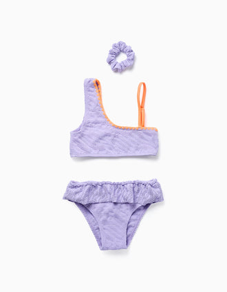 Bikini avec volants + chouchou pour fille, lilas/orange