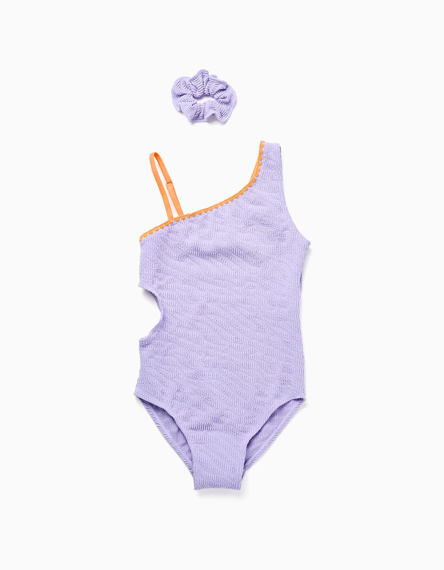 Fato de banho com recorte + scrunchie para menina, lilás/laranja