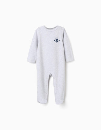 Velvet babygrow with Super print for newborn and baby boys, grey