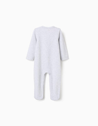 Velvet babygrow with Super print for newborn and baby boys, grey