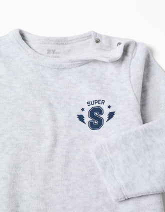 Velvet babygrow with Super print for newborn and baby boys, grey