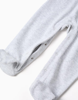 Velvet babygrow with Super print for newborn and baby boys, grey
