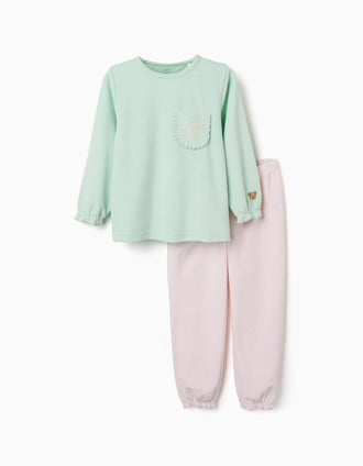 Velvet pyjamas with ruffles and prints for girls, light green/pink