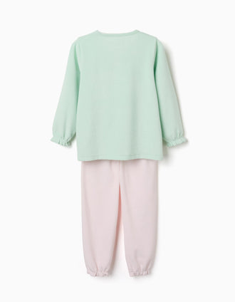Velvet pyjamas with ruffles and prints for girls, light green/pink