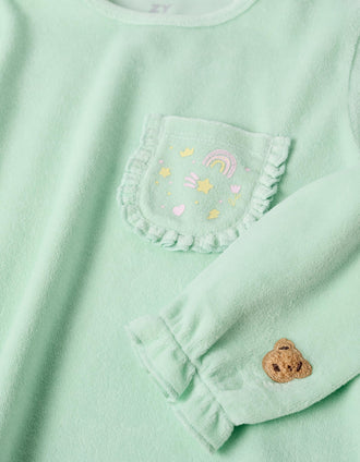 Velvet pyjamas with ruffles and prints for girls, light green/pink