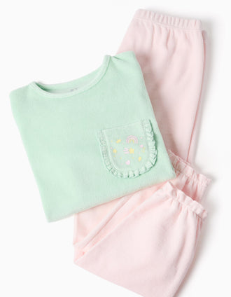 Velvet pyjamas with ruffles and prints for girls, light green/pink