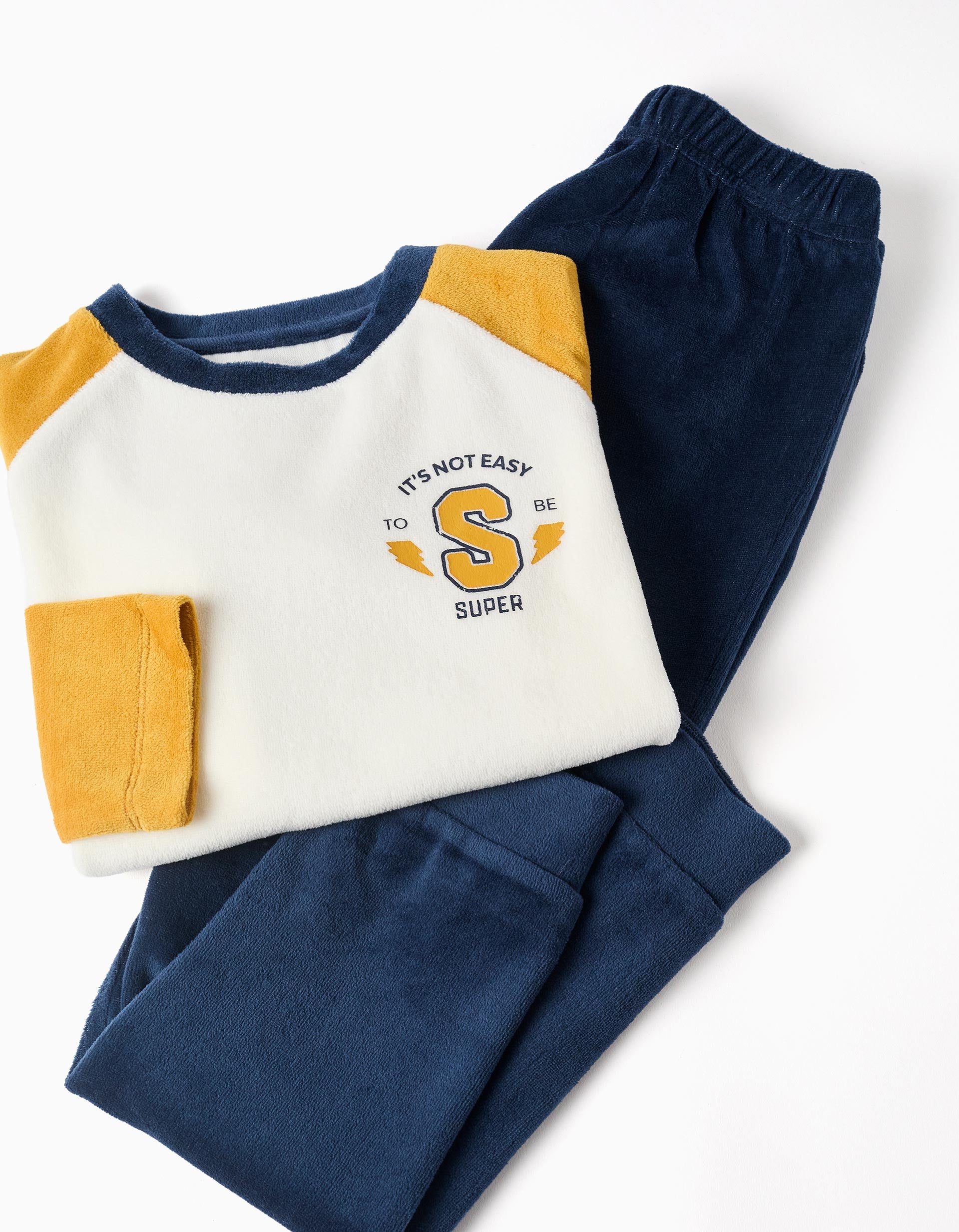 Velvet pyjamas with chest print for boys, white/yellow/dark blue