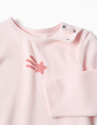 Velvet babygrow with star print for newborn and baby girls, light pink