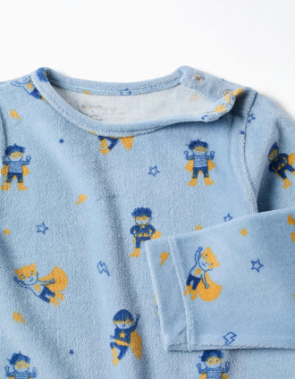 Footless velvet babygrow with motif for newborn and baby boys, blue