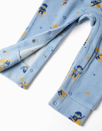 Footless velvet babygrow with motif for newborn and baby boys, blue