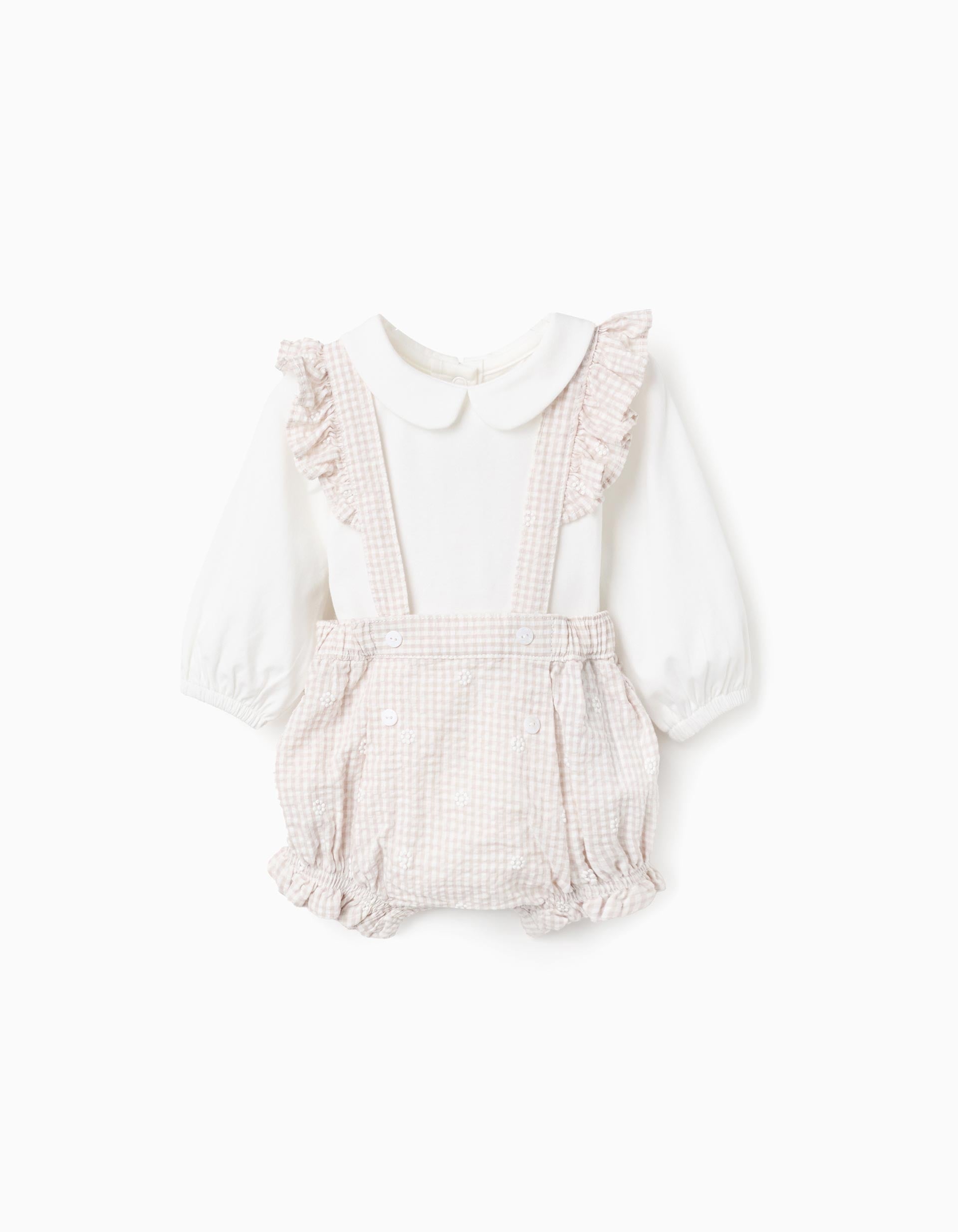 Conjunto de body + mono Vichy para recién nacida, blanco/beige